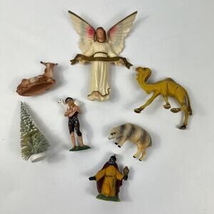 Vtg Nativity Figurines 9Pc Italy Angel Wise Man Shepherd Animals Tree 1–3.75"